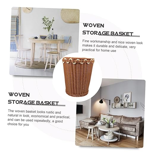 Healifty Woven Trash Can Basket Imitation Rattan Wastebasket for Bedroom and Living Room Stylish Sundries Storage Container Decorative Design for Home Organization