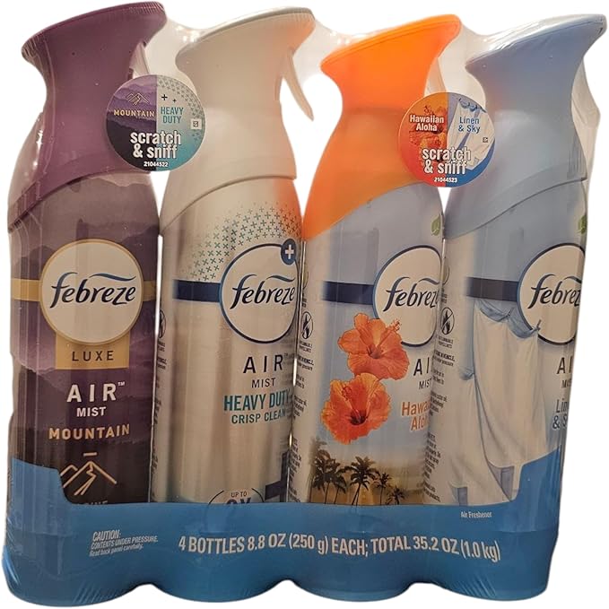 Febreeze Air Effects Odor-Eliminating Air Freshener Linen &amp Sky Hawaiian Aloha Ocean Heavy Duty Kitchen Odor Eliminator Fresh Lemon 8.8 oz. Aerosol Can Pack of 4