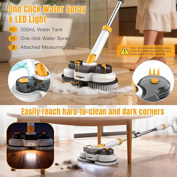 Cordless Electric Mop for Dewalt 20V Battery (NO Battery) 2 in 1 Spin Mop &amp Electric Floor Scrubber with LED Light &amp Water Spray Electric Mops for Floor Cleaning HardwoodTile (White Yellow