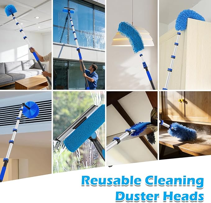 25FT Reach High Ceiling Duster Kits with 5-20FT Adjustable Pole - Includes Extra Long Duster High Ceiling Duster Rotatable Window Squeegee &amp Cobweb Duster for Ceiling Fans and Whole House Cleani