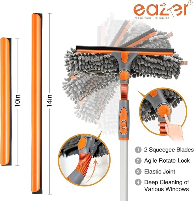 Eazer 2-in-1 Window Cleaner Tool 64'' Window Squeegee for Home Window Cleaning Squeegee Kit with Telescopic Pole Window Washing Kit with Rotatable Bendable Head(Threaded + Telescopic)