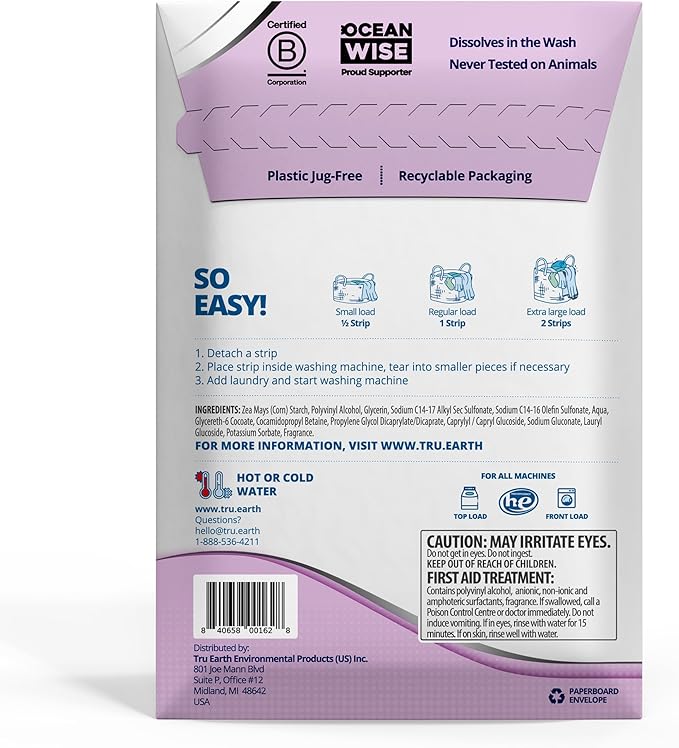 Tru Earth Platinum - Heavy Duty Laundry Detergent Sheets - Up to 128 Loads (64 Count) Lilac Breeze Scent - Ultra-Concentrated Strips Formula - Eco-Friendly Travel Laundry Sheets
