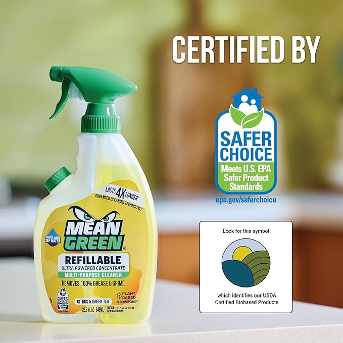 Mean Green Refillable Ultra Powered Multi-Purpose Cleaner Concentrate Citrus &amp Green Tea 14.3 fl oz (2-Pack) – Plant &amp Mineral Based Cuts Through Grease &amp Grime Refillable Bottle Makes