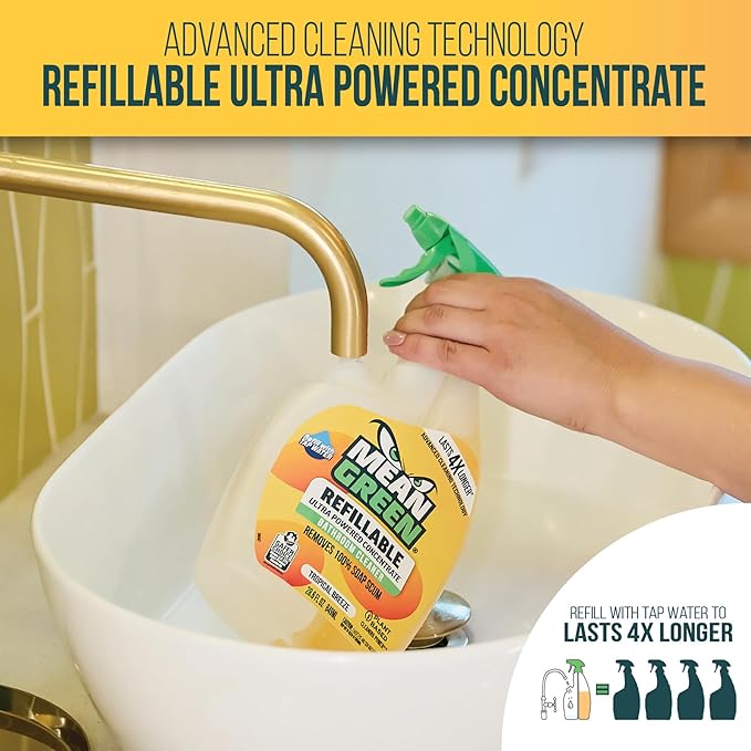 Mean Green Refillable Ultra Powered Bathroom Cleaner Concentrate Tropical Breeze 14.3 fl oz (2-Pack) – Plant &amp Mineral Based Removes 100% of Soap Scum Refillable Bottle Makes 4X Refills