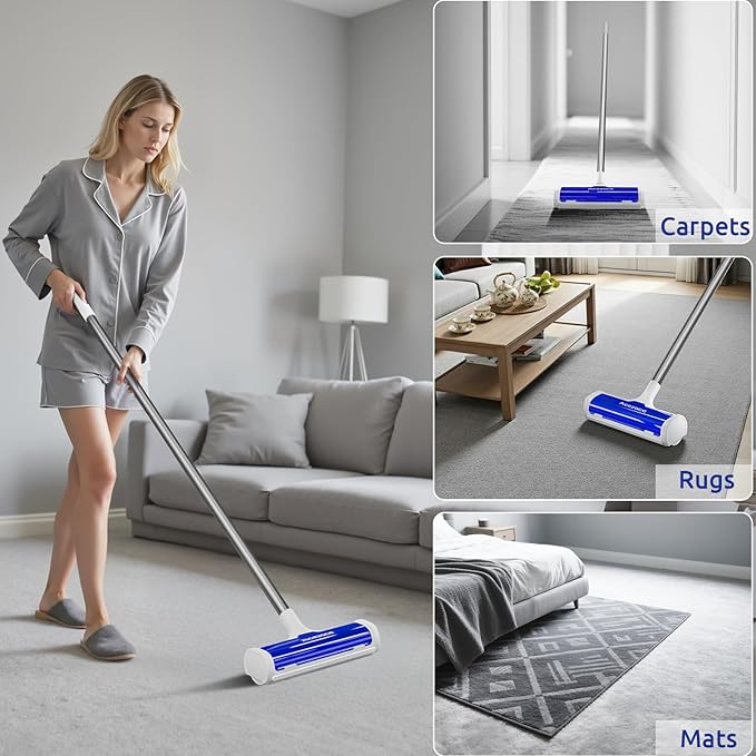ACE2ACE A3 Pro Carpet Roller for Pet Hair Carpet Pet Hair Removal Tool Reusable Large Lint Rollers 5 Feet Long Handle No Bending No Kneeling Cat Dog Hair Remover for Carpet Rugs Mats Blue