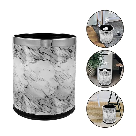 Marble Pattern Trash Can 10L Metallic Rim Garbage Container Bathroom Wastebasket for Home Office Bedroom Kitchen