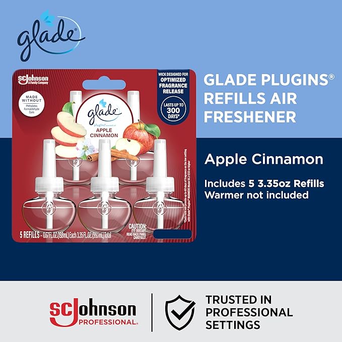 Glade PlugIns Refills Air Freshener Scented and Essential Oils for Home and Bathroom Apple Cinnamon 3.35 Fl Oz 5 Count (Pack of 5) 25 Refills Total