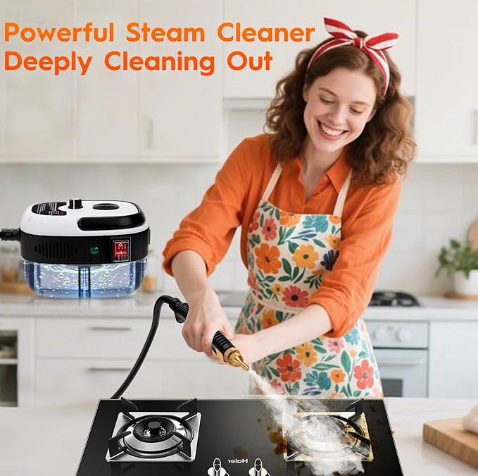 Steam Cleaner 2500W High Handheld Steam Cleaner 1L Portable Car Steam Cleaner 6 High Speeds Pressure Temperature Steam Cleaning Machine with 3 Brush Heads for Kitchen Home Car Cleaning（White）