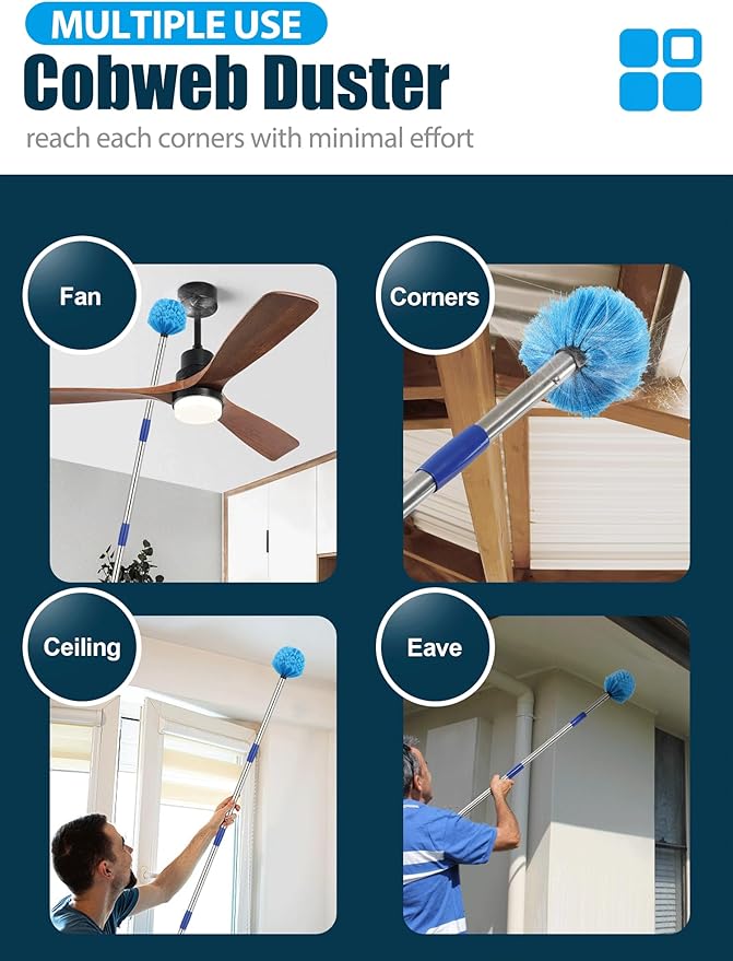 Cobweb Duster with Extension Pole 8 ft Spider Web Brush for Outdoor House Cleaning Cob Web Remover for High Ceilings Fans Medium-Stiff Bristles Round Head Steel Long Handle Lightweight Cleaner