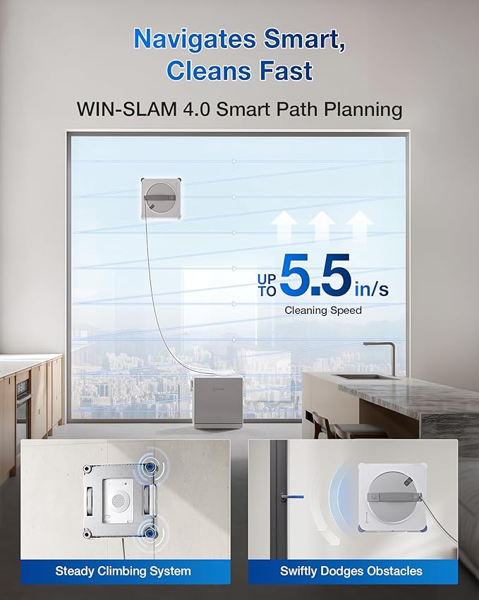 ECOVACS WINBOT W2S Omni Window Cleaning Robot with 6-in-1 Multifunction Station TruEdge Edge-to-Edge Precision Triple Wide-Angle Spray Nozzles 12-Level Safety System Dual Power Modes