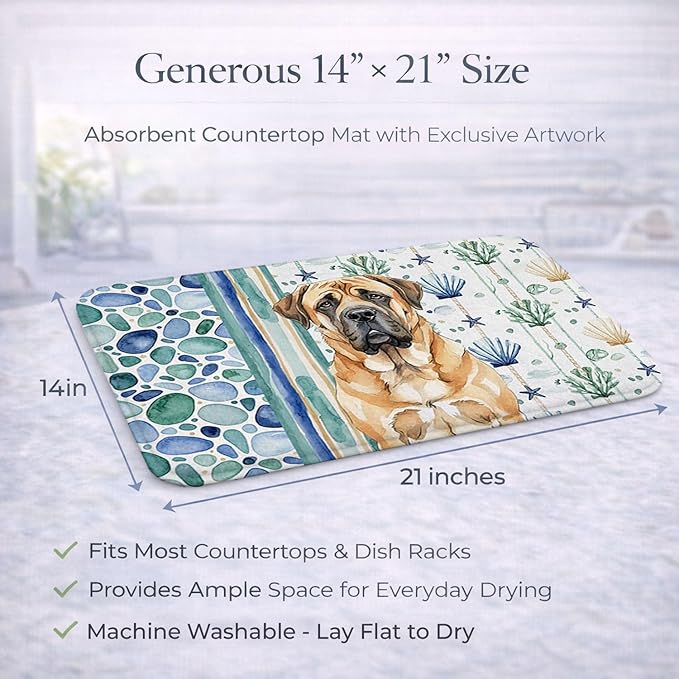Caroline's Treasures Apricot English Mastiff Coastal Sea Glass Dish Drying Mat Absorbent Dish Drying Mat Pad for Kitchen Counter Dish Drainer Mat for Countertop 14 x 21 Multicolor
