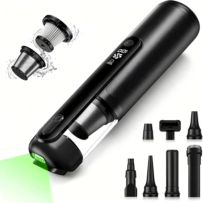 Car Vacuum Handheld Vacuum Cordless 19000Pa 4-in-1 Mini Portable Cleaner with Green LED Detection Light 2 Modes for Car Home Office Desk &amp Keyboards Rechargeable Washable Filter
