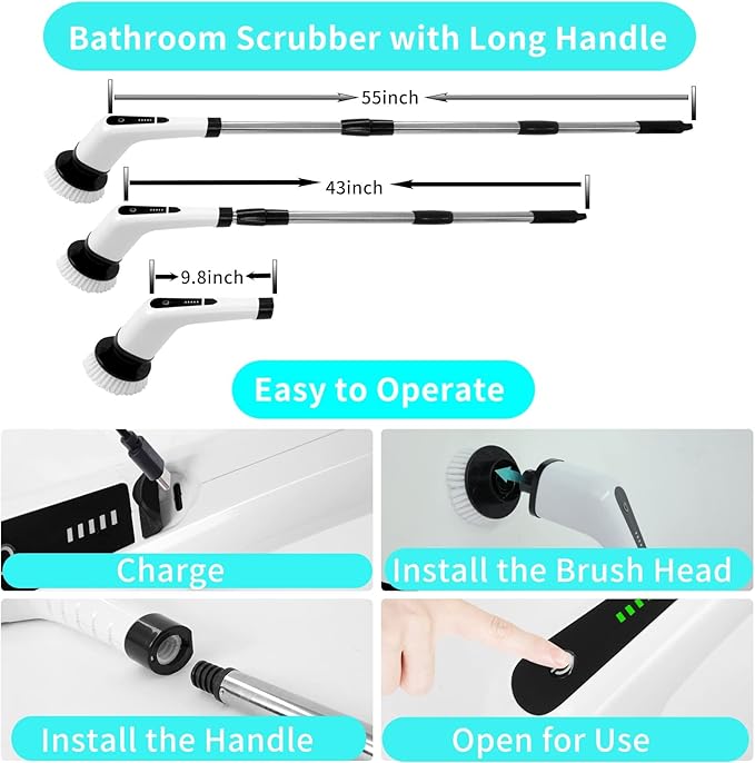 Electric Spin Scrubber Cordless Shower Scrubber for Cleaning with 7 Multi-Purpose Cleaning Brush Heads Bathroom Scrubber with Long Handle Power Scrubber for Cleaning Wall Floor Bathroom Kitchen