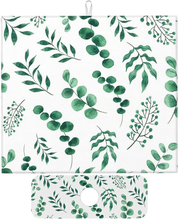 Watercolor Plant Green Leaves Dish Drying Mat for Kitchen Counter 16x18 Microfiber Absorbent Fast Dry Mat 2Pcs Dish Mat Faucet Mats Sets Large Drying Kitchen Mat Kitchen Drying Pad