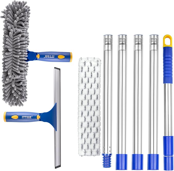 ITTAR Professional Window Cleaning Squeegee Kit 7.15 Ft High Reach Cleaner Tool Rotatable Window Washing Equipment with Extension Pole for Indoor/Outdoor Window Glass Car 1 Blade 2 Scrubber