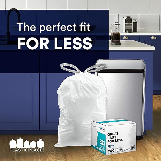 Plasticplace Trash Bags Compatible with Simplehuman Code H 8-9 Gallon Trash Can Liners White Drawstring Garbage Bags 100 Count Heavy Duty