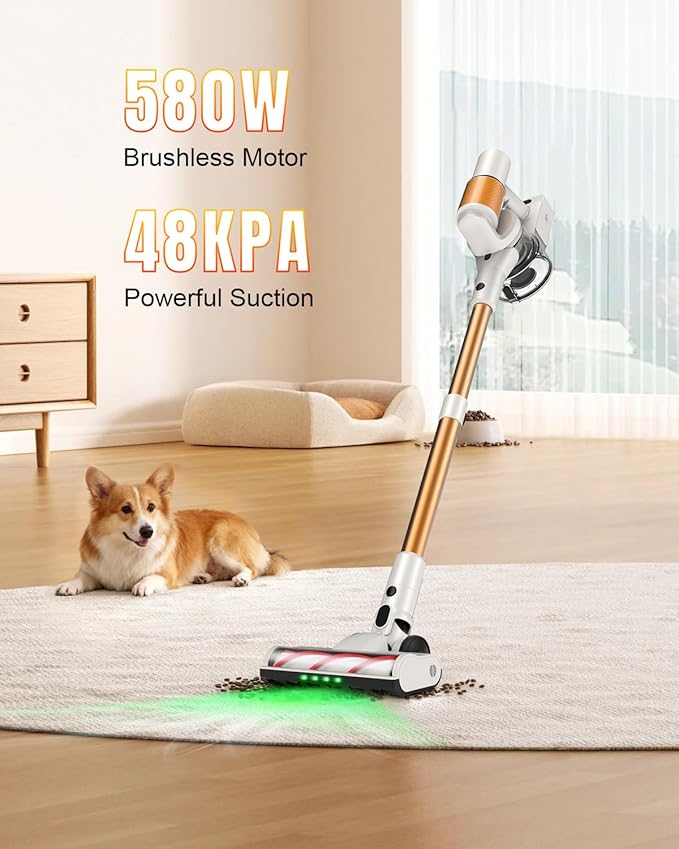 Cordless Vacuum Cleaner 2 Batteries 110 Mins Runtime 580W 48KPA Stick Vacuum with Self-Standing Tangle-Free Brush LED Display Vacuum Cleaner for Home Hardwood Floor Carpet Pet Hair