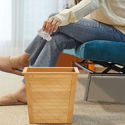 Frcctre Bamboo Waste Basket Rectangular Compact Waste Trash Can Garbage Bin Built-in Handles Brown Container Bin for Bedroom Office Living Room Kitchen Bathroom