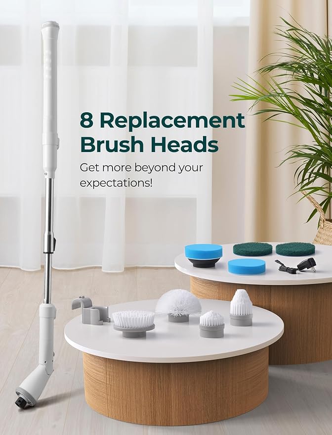 Sweepulire Electric Spin Scrubber for Cleaning Shower Scrubber with Long Handle 2 Spin Speeds Bathroom Scrubber with 8 Replacement Heads Bath Tub Cleaner Brush for Floor Tub Shower Tile