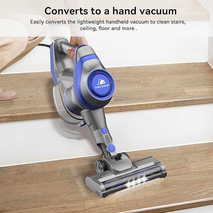 Intercleaner 23Ft Corded Vacuum Cleaner with LED Headlights &amp Large Dust Cup Powerful Suction for Hard Floors &amp Carpets Adjustable Stick Perfect for Pet Hair Wall Mount Storage