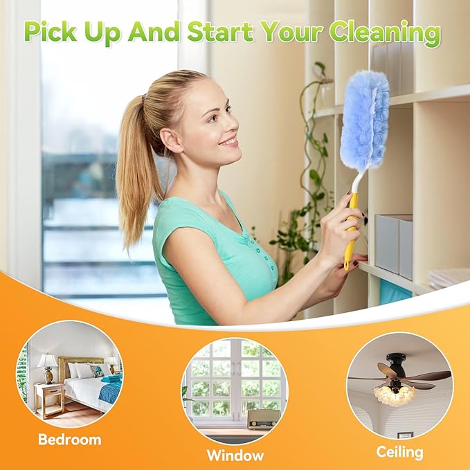 50 Pack 360° Dusters Refills Compatible with Swiffer Duster Handles Models Heavy Duty Double Sided Duster Refills with 1 Pack Extendable Longe Handle &amp 1 Short Handle