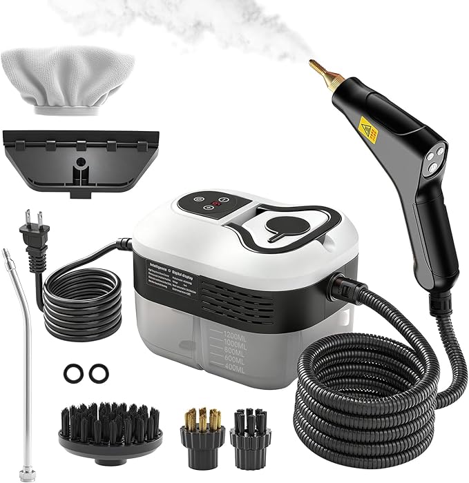 Pressurized Handheld Steam Cleaner Portable Steamer for Cleaning with 1.2L Large Tank 15s Fast Heat-Up 6-Level Adjustable Powerful Steam Cleaner for Home Car Kitchen Tile Grout(White)