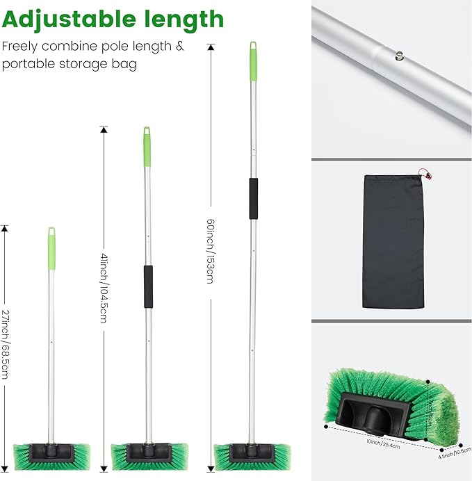Car Wash Brush with Long Handle 60'' Soft Bristle Cleaning Brush Car Cleaning Brushes Carwash Brushes for SUV RV Boat Truck House Siding Sweep Snow Green