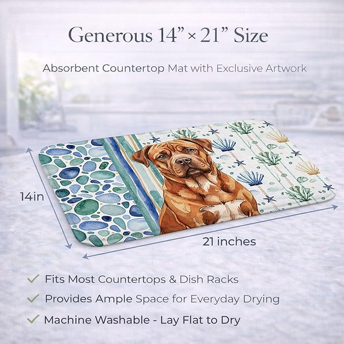 Caroline's Treasures Mahogany Dogue de Bordeaux Coastal Sea Glass Dish Drying Mat Absorbent Dish Drying Mat Pad for Kitchen Counter Dish Drainer Mat for Countertop 14 x 21 Multicolor