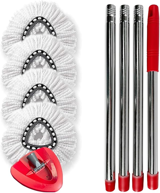 1set 4-Section Mop with Replacement Heads Long Handle 360° Rotation Washable Dust Removal for Floor Cleaning Tools Accessories(Four Cloth Set)