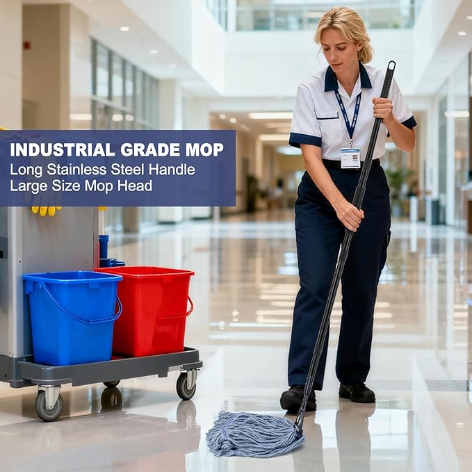 Commercial Industrial Mop for Floor Cleaning 3 Extra Large Reusable Replacement Head with 59 Long HandleHeavy Duty Looped-End String Wet Cotton Mop for HouseKitchenOfficeGarageTile Floor