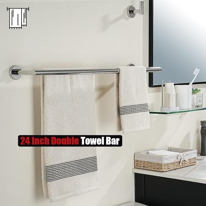 JQK Chrome Towel Bar 24 Inch 304 Stainless Steel Thicken 0.8mm Double Bath Towel Rack for Bathroom Towel Holder Polished Chrome Wall Mount Total Length 27.16 Inch TB100L24-CH