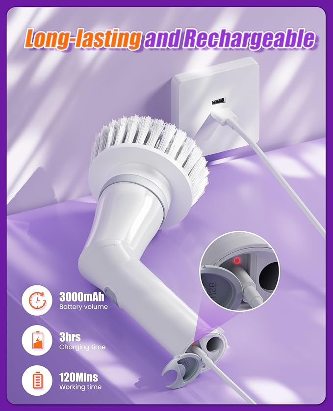 NBONEBS Electric Spin Scrubber Cordless Shower Scrubber Rotary Floor Brushes &amp Pad Drivers with 6 Brush Heads - 2H Dual Speed IPX7 Waterproof Extension Handle for Bathroom Tile Car Cleaning