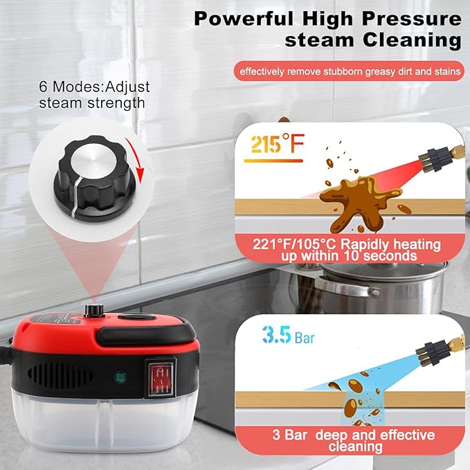 Steam cleanerHandheld Steamer for Cleaning with 6 Brush Heads 6 Speeds High Pressure Temperature Portable Steam Cleaner for UpholsteryKitchenFurniture Bathroom CarGrout and Tile (Red)