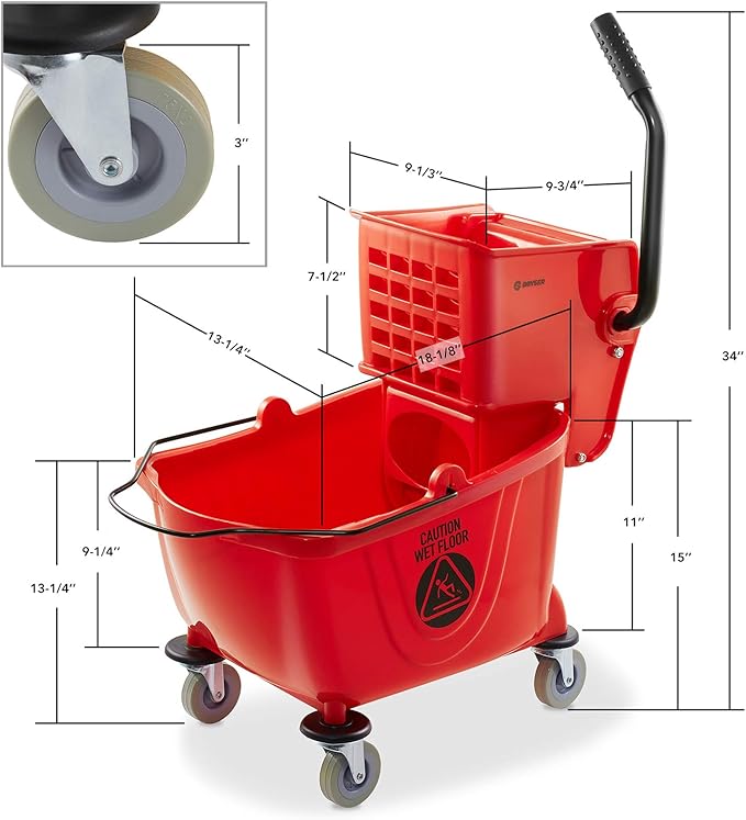 Dryser Commercial Mop Bucket with Side Press Wringer 26 Quart Red