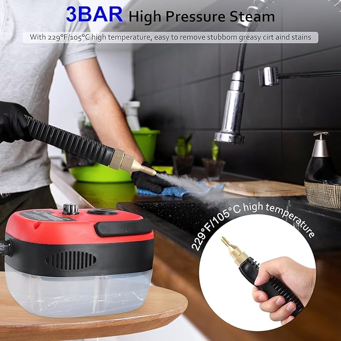 Handheld Steam Cleaner 2500W High Pressure 3 BAR 1.2L Water Tank with Brush Heads 6-Speed Adjustment Ideal for Cleaning Grout Tile Car Kitchen Bathroom