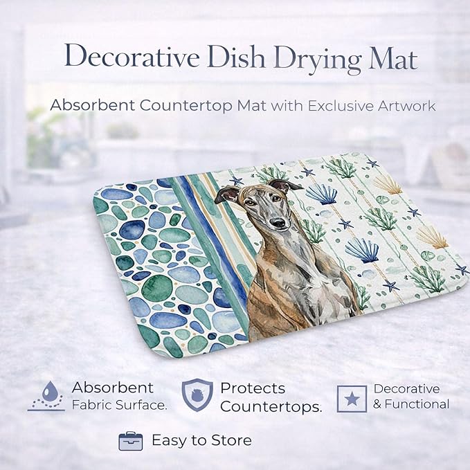 Caroline's Treasures Brindle Greyhound Coastal Sea Glass Dish Drying Mat Absorbent Dish Drying Mat Pad for Kitchen Counter Dish Drainer Mat for Countertop 14 x 21 Multicolor