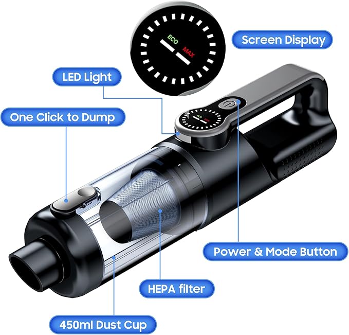 Cordless Handheld Car Vacuum Cleaner for Car Interior Strong Suction Portable Vacuum for Pet Hair &amp Quick Home Cleaning Rechargeable with LED Light &amp Attachments