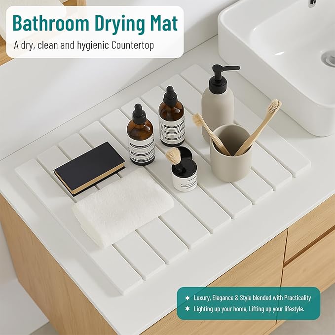 Stone Dish Drying Mat For Kitchen Counter Off-White 24x16 – Quick Dry &amp Foldable Diatomaceous Earth Mat for Dish  Bottle  Cup  Tableware &amp Match Any Countertop.