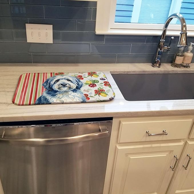 Caroline's Treasures Blue and White Old English Sheepdog Vegetables Dish Drying Mat Absorbent Dish Drying Mat Pad for Kitchen Counter Dish Drainer Mat for Countertop 14 x 21 Multicolor