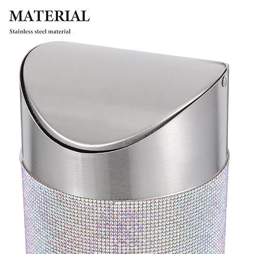 TOYANDONA Mini Trash Can with Flip Lid Stainless Steel Round Desktop Wastebasket with Colorful Rhinestones Compact Garbage Bin for Bedroom Office Small Spaces