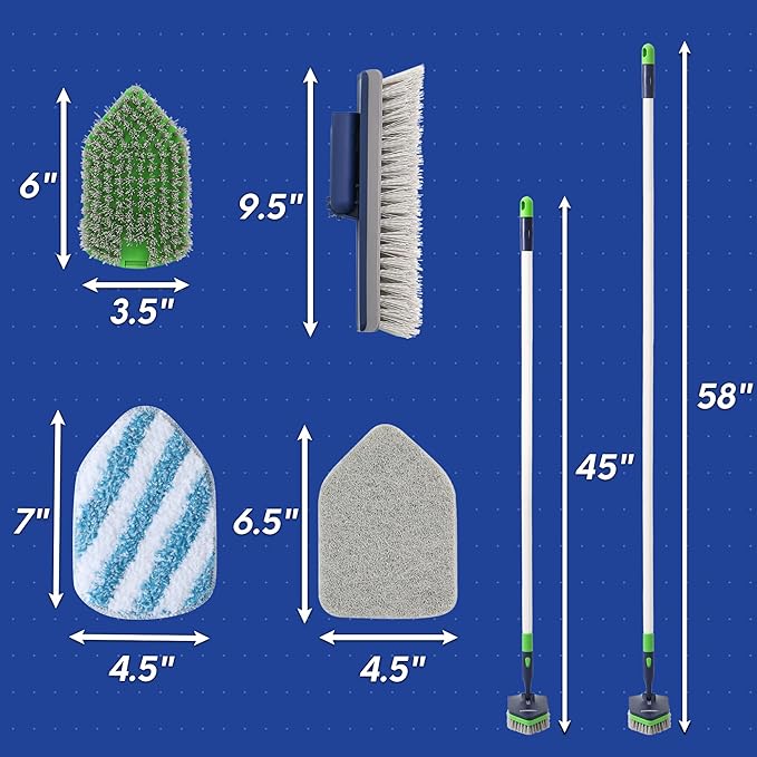 BOOMJOY 4 in 1 Shower Cleaning Brush 58 Extendable Tub and Tile Scrubber Set Grout Brush with Long Handle Shower Tile Floor Scrubber for Cleaning Baseboard Bathroom Toilet Kitchen