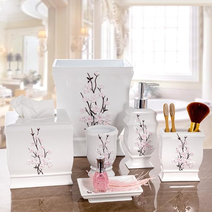 Creative Scents Vanda Rectangle Tissue Box Cover - Decorative Cherry Blossom Tissue Holder for Bathroom - White Tissue Box Holder Rectangular with Durable Bottom Slider - White Bathroom Accessories