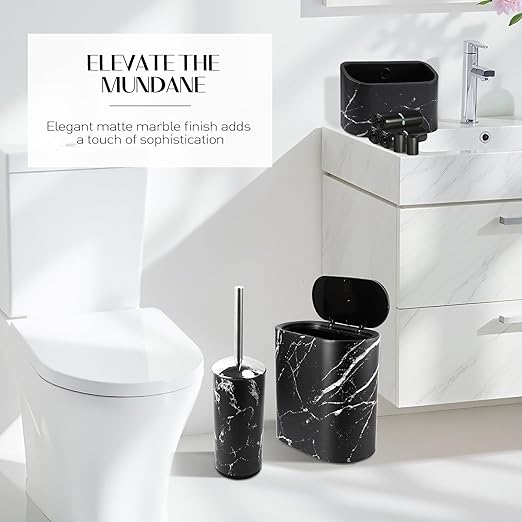 Small Bathroom Trash Can with Lid Press Top 2.8 Gallon Black Slim Plastic Garbage Can with Pop-Up Lid Mini Desktop Trash Can Toilet Brush Holder and 135 Count Various Size Trash Bags