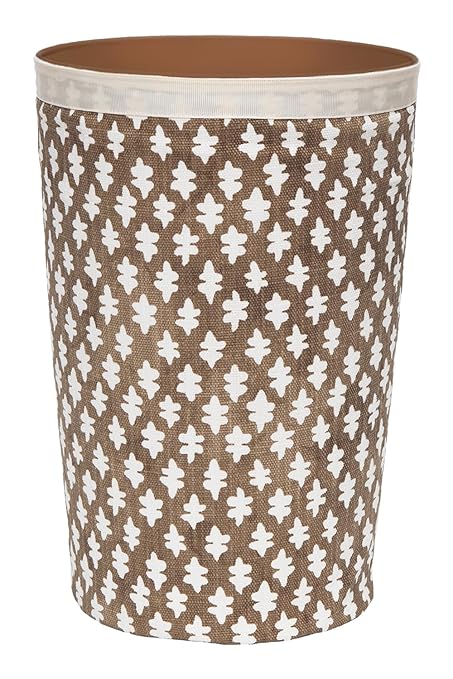 Bathroom Trashcan Garbage Can Trashbin for Powder Room Decor Ideas Bedroom Waste Basket Home Office Wastebin Round Plastic Trash Can with Removable Washable Fabric Cover Brown Blockprint 11.75