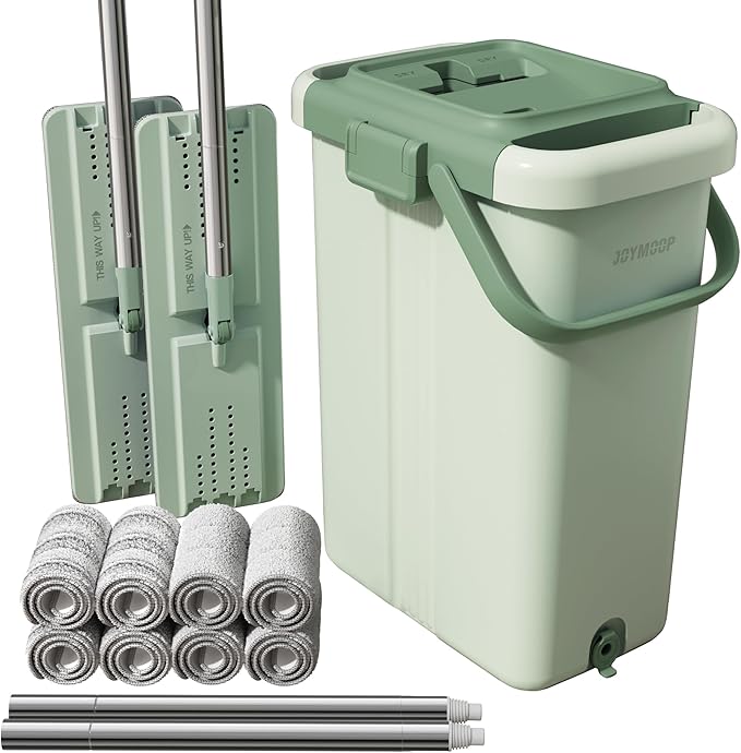 JOYMOOP Mop and Bucket with Wringer Set for Floor Cleaning and Wall Cleaner Flat Mop and Bucket System Set with 2 Mops and 8 Large Microfiber Pads - Green