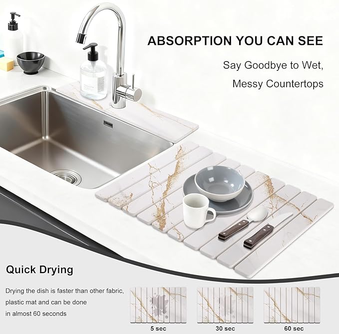 3 PCS Large Stone Dish Drying Mat for Kitchen Counter Quick Dry Stone Dishes Mats Sink Faucet Mat Marble Water Absorbing Diatomaceous Earth Drying Pad for Countertop Tableware Bottles