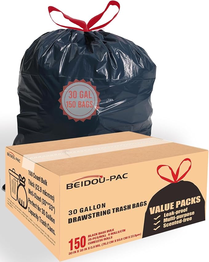 30 Gallon Trash Bags Drawstring 150 Count Bulk Black | Unscented | Heavy Duty Multi-purpose Garbage Bags Can Liners for Business Home Kitchen Commercial and Industrial