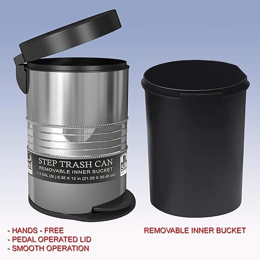 nu steel 5 Liter Round Small Metal Step Trash Can Wastebasket Garbage Container Bin - for Bathroom Powder Room Bedroom Kitchen Office - Removable Liner Bucket - 8 x 8 x 12 – Shiny Steel