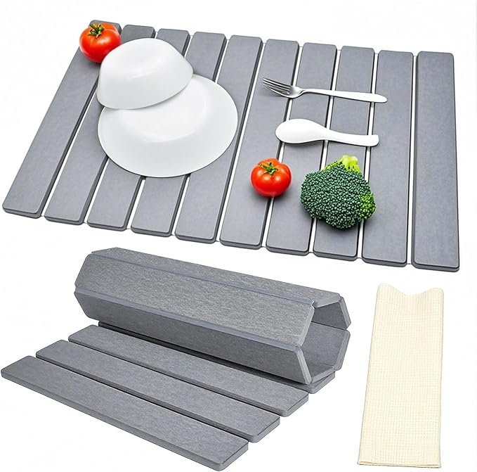 Dish Drying Mat Stone Drying Mat for Kitchen CounterLarge Foldable Diatomaceous Stone Dish Drying Mat Quick Dry Stone Mat for Kitchen Counter ( Dark Gray 24×16)