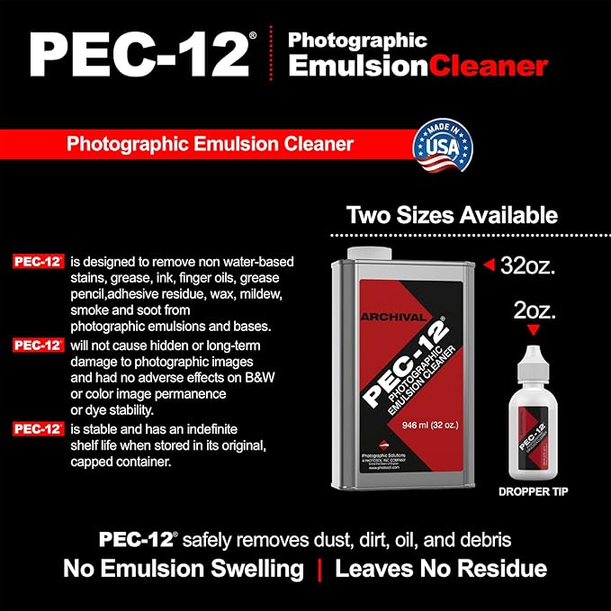 PEC-12 Photographic Emulsion Cleaner Kit and PEC-PAD Lint Free Non-Abrasive Wipes 4x4 100 Sheets per/Pkg - for Cleaning Film Photo Negative B&ampW Slide - Dropper Tip (59ml) 2oz